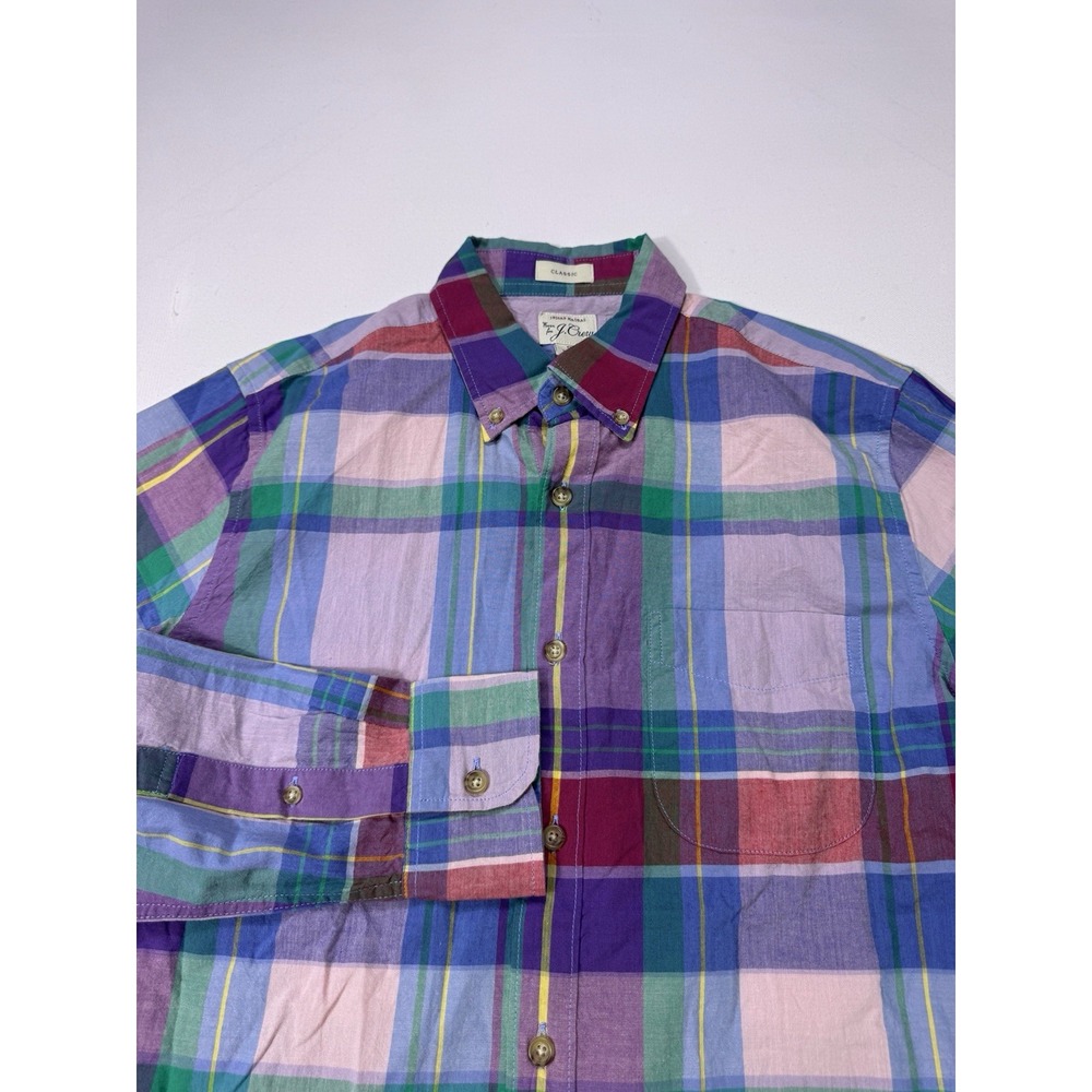 J Crew Small Classic Fit Indian Madras Plaid Button Down Shirt Pink Purple Green